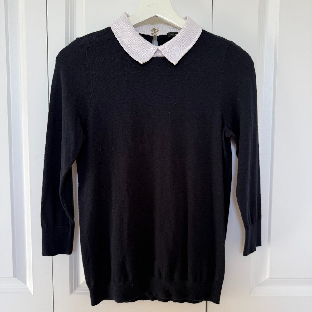 Ann Taylor Colared Preppy Navy Blue Sweater Size Small